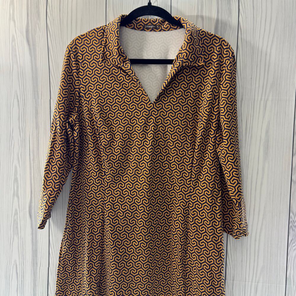 J. McLaughlin Catalina Cloth Geometric Yellow Blue 3/4 Sleeve Sheath Dress XL